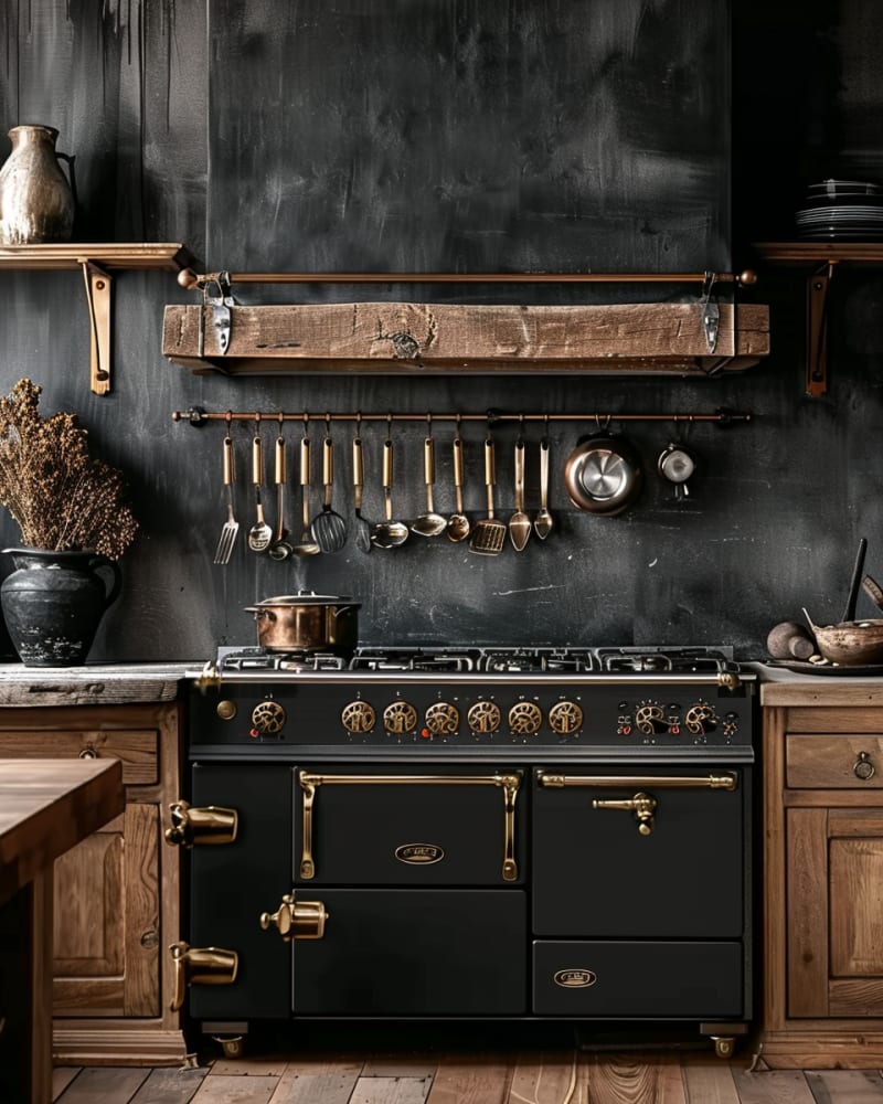 Rustic industrial kitchen featuring black vintage range with brass accents wooden cabinets copper utensils concrete wall professional cooking space