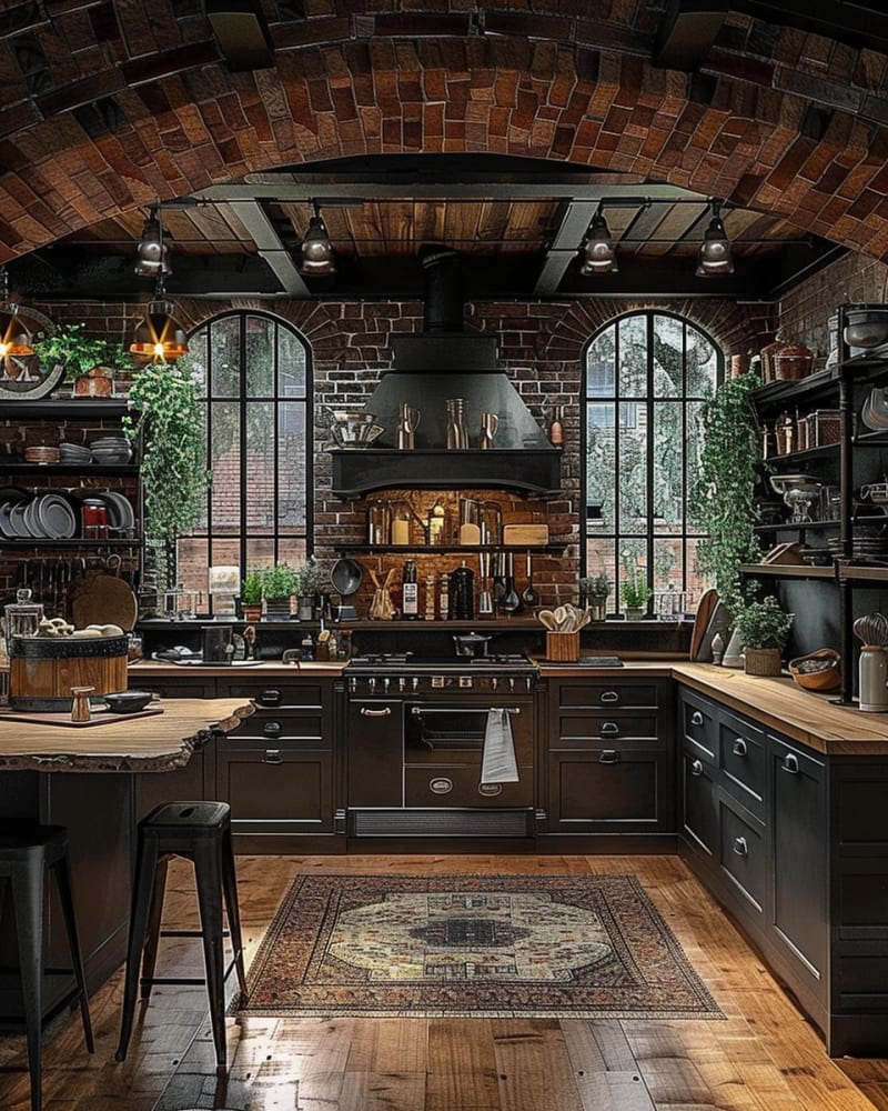 Rustic industrial kitchen featuring dramatic brick arch ceiling black cabinetry copper hardware butcher block counters vintage pendant lights Persian rugs and climbing plants