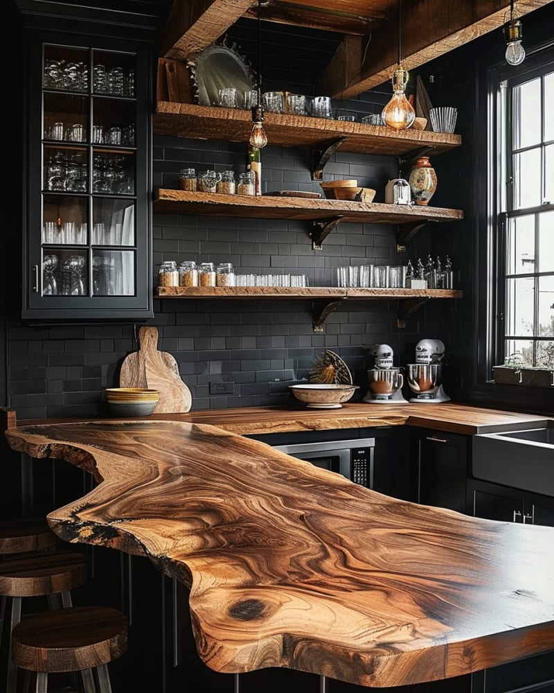 Rustic industrial kitchen featuring dramatic live edge wood countertop black subway tile walls floating wooden shelves vintage glass storage and farmhouse sink