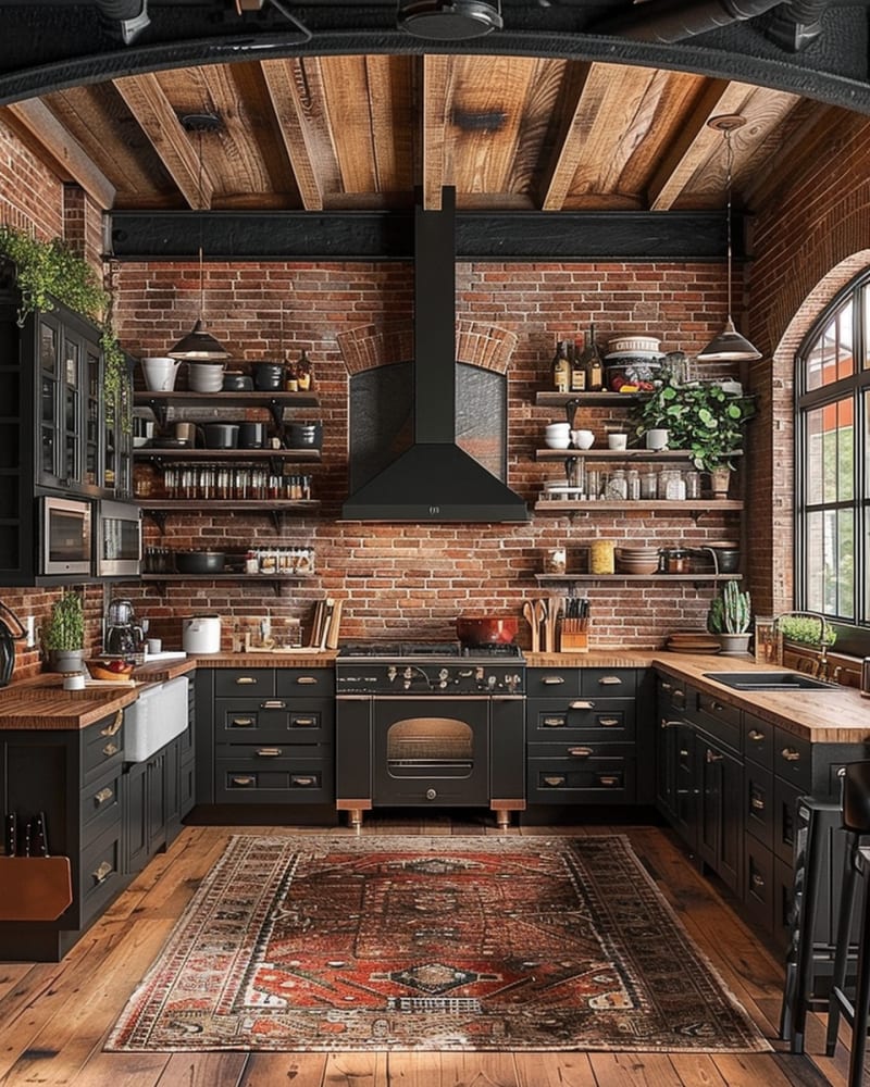 Rustic industrial kitchen featuring exposed brick walls black cabinets wooden butcher block countertops open shelving vintage range Persian rug and arched windows