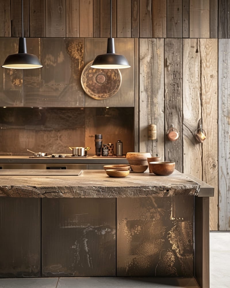 Rustic industrial kitchen featuring live edge wooden counter weathered metal cabinets black pendant lights artisanal wooden bowls and reclaimed wood walls