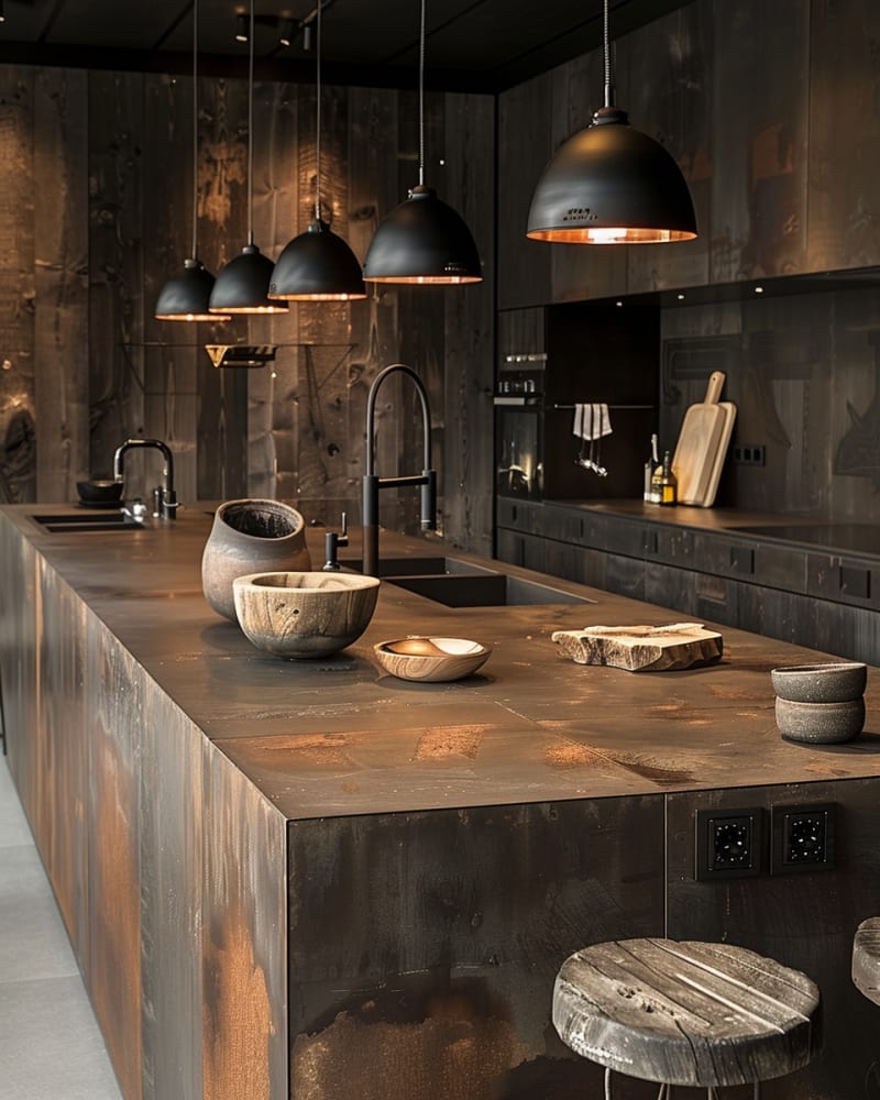 Rustic industrial kitchen featuring oxidized metal countertop black dome pendants wooden bowls dark wall panels and artisanal ceramics