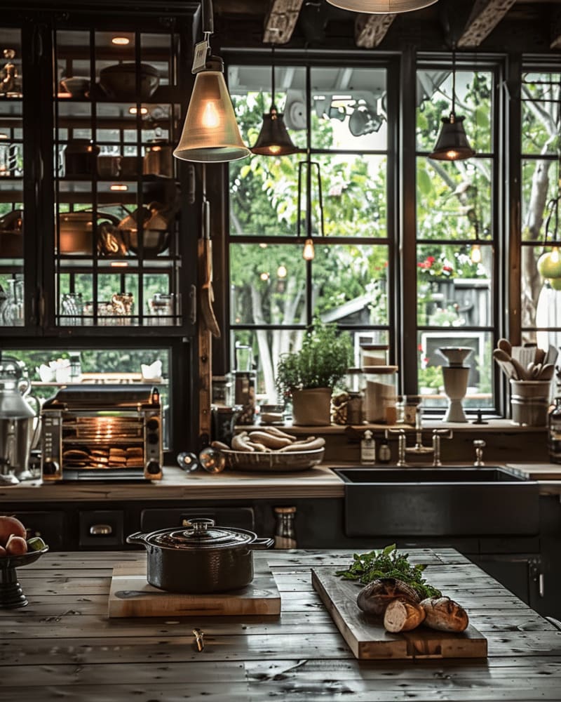Rustic industrial kitchen featuring vintage black cabinets glass storage jars industrial pendant lights farmhouse sink wooden worktop fresh herbs and artisan bread
