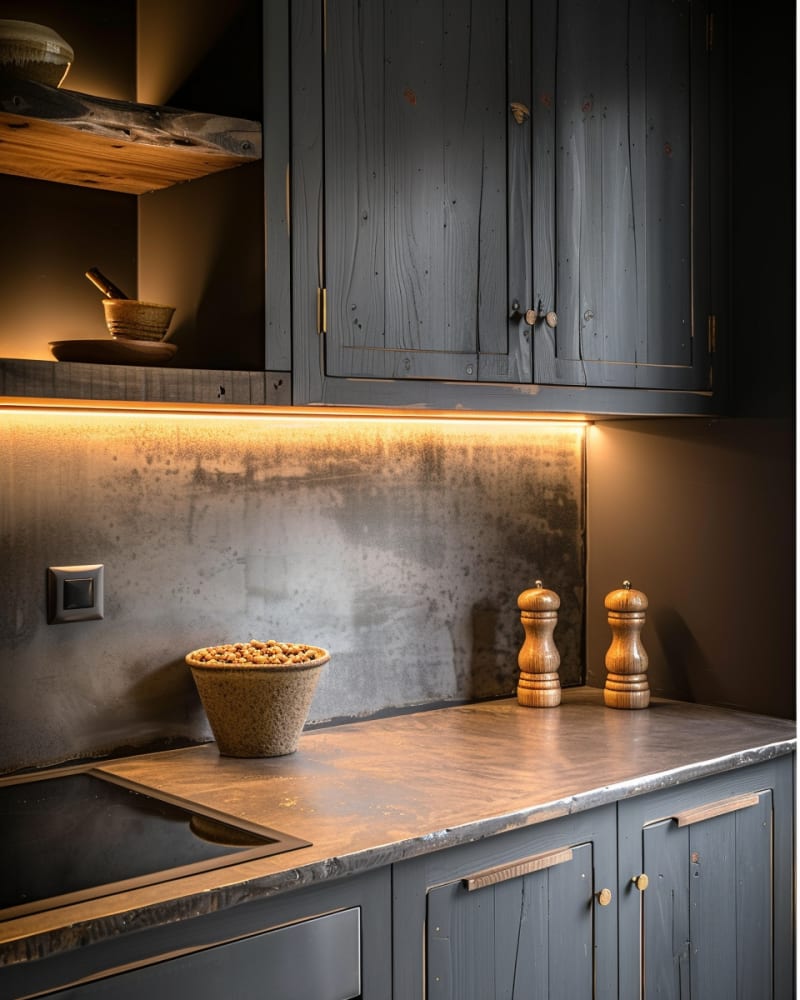 Rustic industrial kitchen featuring weathered grey cabinets metal countertop ambient lighting vintage wooden accessories and concrete backsplash