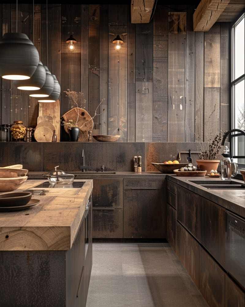 Rustic industrial kitchen featuring weathered wood paneling oxidized metal cabinets ceramic pendant lights wooden countertop artisanal bowls and minimal styling