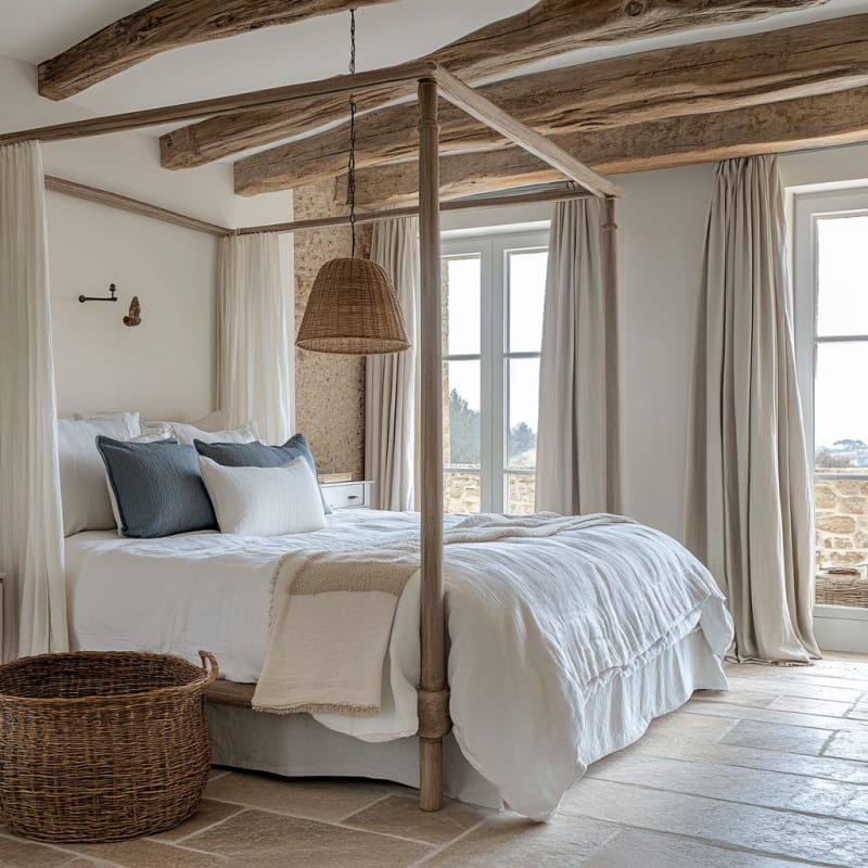 Rustic Mediterranean bedroom with exposed wooden beams, four-poster bed, woven pendant light, and stone walls