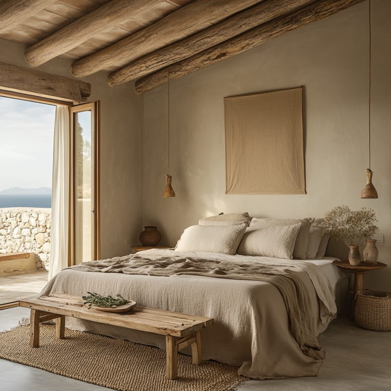 Rustic Mediterranean bedroom with exposed wooden beams, natural textiles, and ocean view through stone wall windows