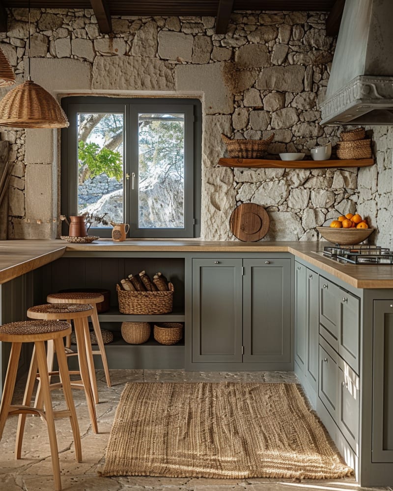 Rustic Mediterranean kitchen featuring natural stone walls sage green cabinets wooden countertops woven pendant light jute rug rattan baskets and morning sunlight