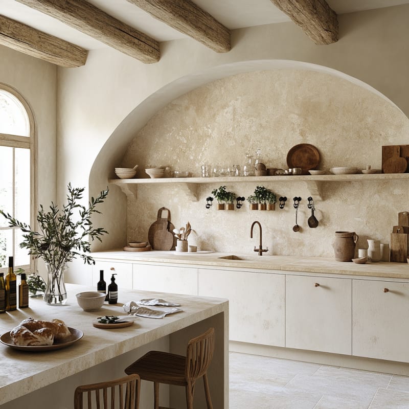 Rustic Mediterranean kitchen with arched alcove, wooden beams, neutral tones, and organic ceramic textures