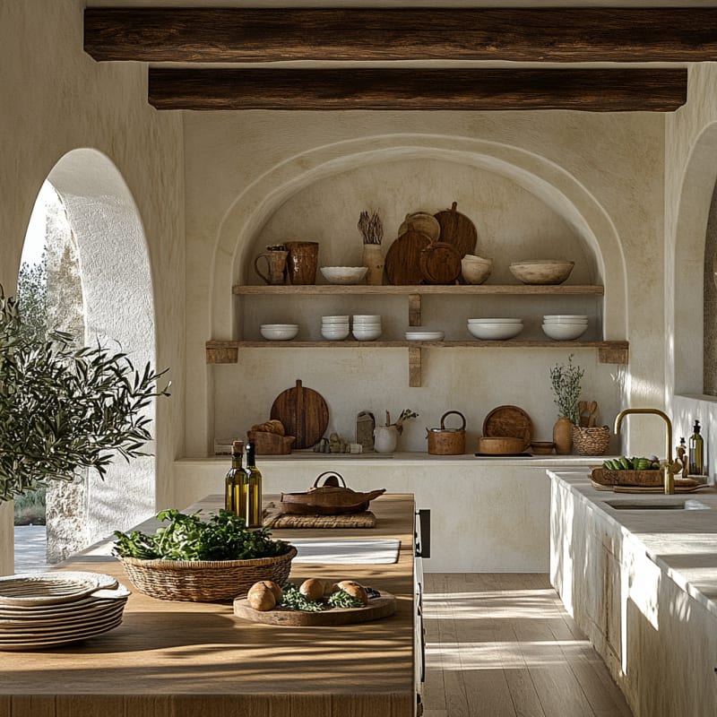Rustic Mediterranean kitchen with arched alcove, wooden shelves, natural light, and organic styling with olive branches
