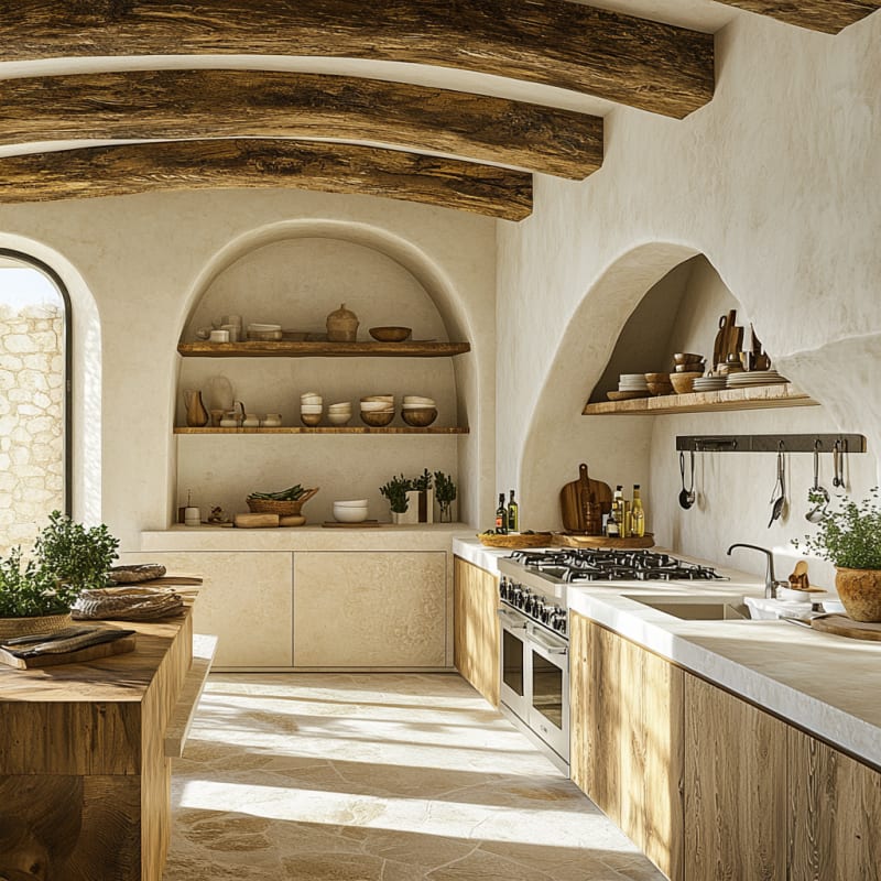 Rustic Mediterranean kitchen with arched alcoves, wooden beams, stone textures, and natural light-filled organic design