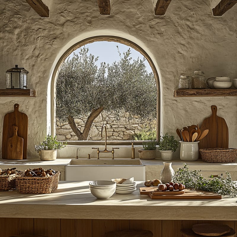 Rustic Mediterranean kitchen with arched window, stone walls, wooden cutting boards, and olive tree view