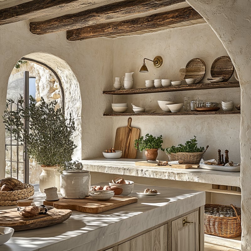 Rustic Mediterranean kitchen with stone arch window, wooden beams, and handcrafted ceramic pottery in natural tones