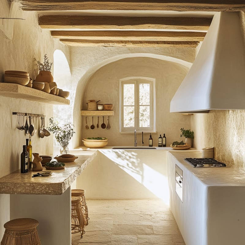Rustic Mediterranean kitchen with stone countertops, arched ceiling, and natural light filtering through vintage windows