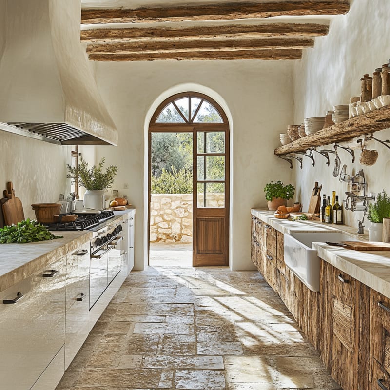 Rustic Mediterranean kitchen with stone floor, wooden beams, arched window, and reclaimed wood cabinetry in natural light
