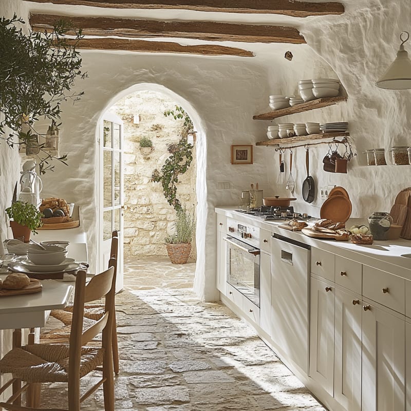 Rustic Mediterranean kitchen with stone walls, arched doorway, white cabinets, and natural light streaming through vine-covered windows