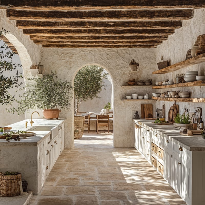 Rustic Mediterranean kitchen with stone walls, wooden beams, white cabinets, and open archway to outdoor dining area