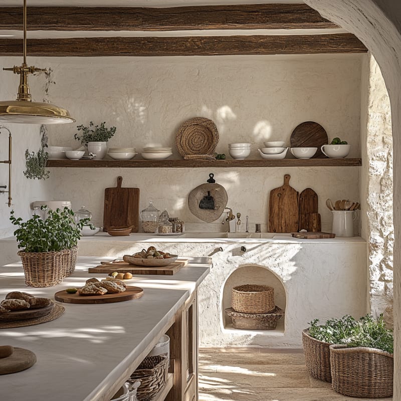 Rustic Mediterranean kitchen with stone walls, wooden beams, woven baskets, and artisan ceramic details in soft neutral tones