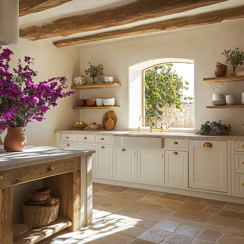 Rustic Mediterranean kitchen with white cabinets, wooden beams, stone floor, and vibrant purple flowers in terracotta vase