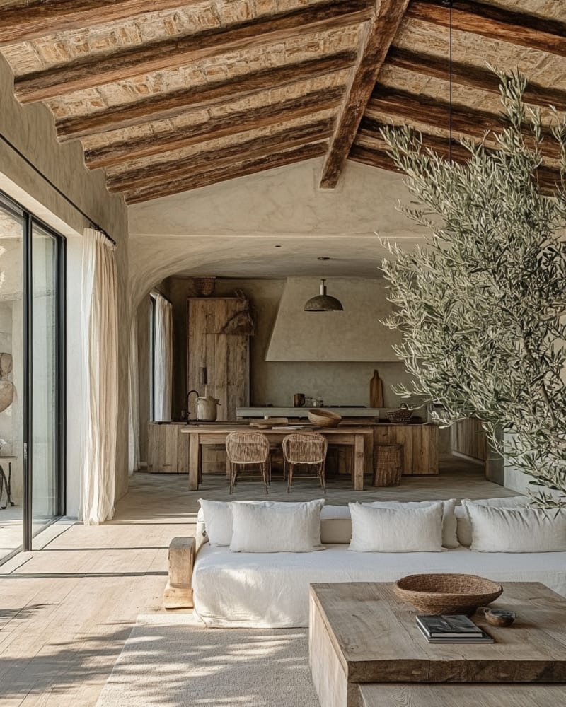 Rustic Mediterranean open-plan living kitchen with exposed wood beams, olive tree, and minimalist white furnishings