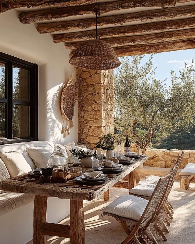 Rustic Mediterranean outdoor dining area with stone walls, wooden table, and olive tree landscape