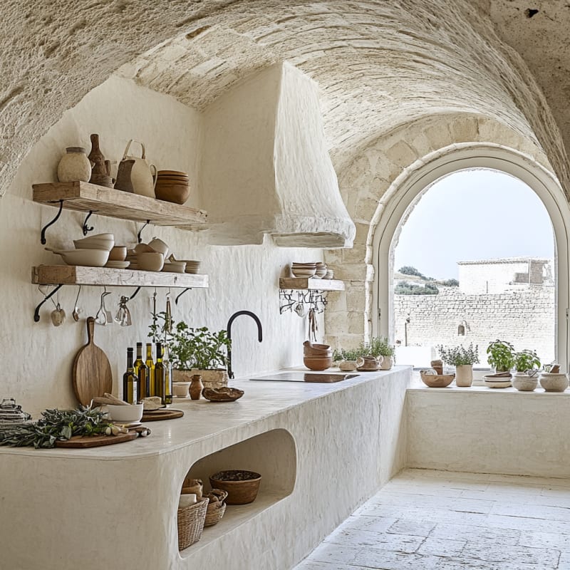 Rustic Mediterranean stone kitchen with arched window, white textured walls, and natural wooden shelving displaying olive oil and ceramics