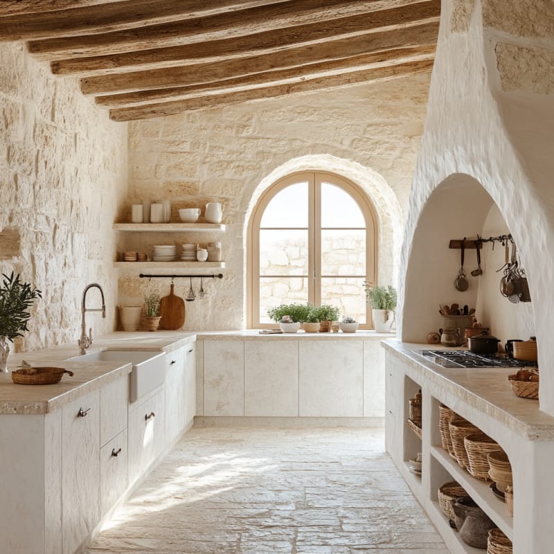 Rustic Mediterranean stone kitchen with arched window, white textured walls, and natural woven baskets