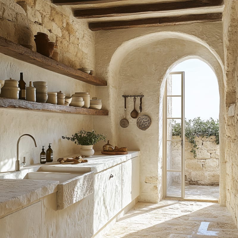 Rustic Mediterranean stone kitchen with arched window, wooden beams, and handcrafted ceramic pottery collection
