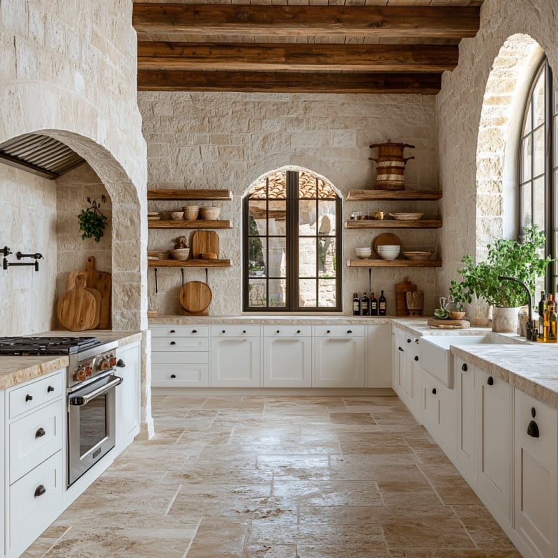 Rustic Mediterranean stone kitchen with white cabinets, wooden shelves, arched windows, and natural textures
