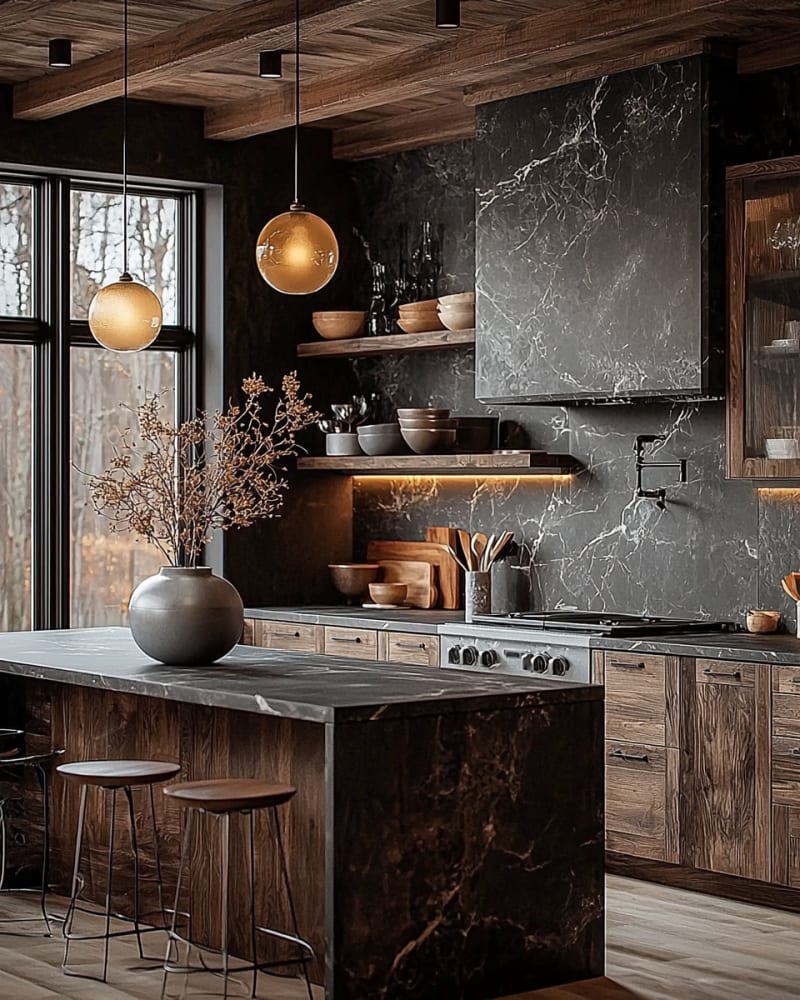 Rustic modern kitchen featuring black marble backsplash wooden beams amber globe pendants floating shelves ceramic vessels and forest views