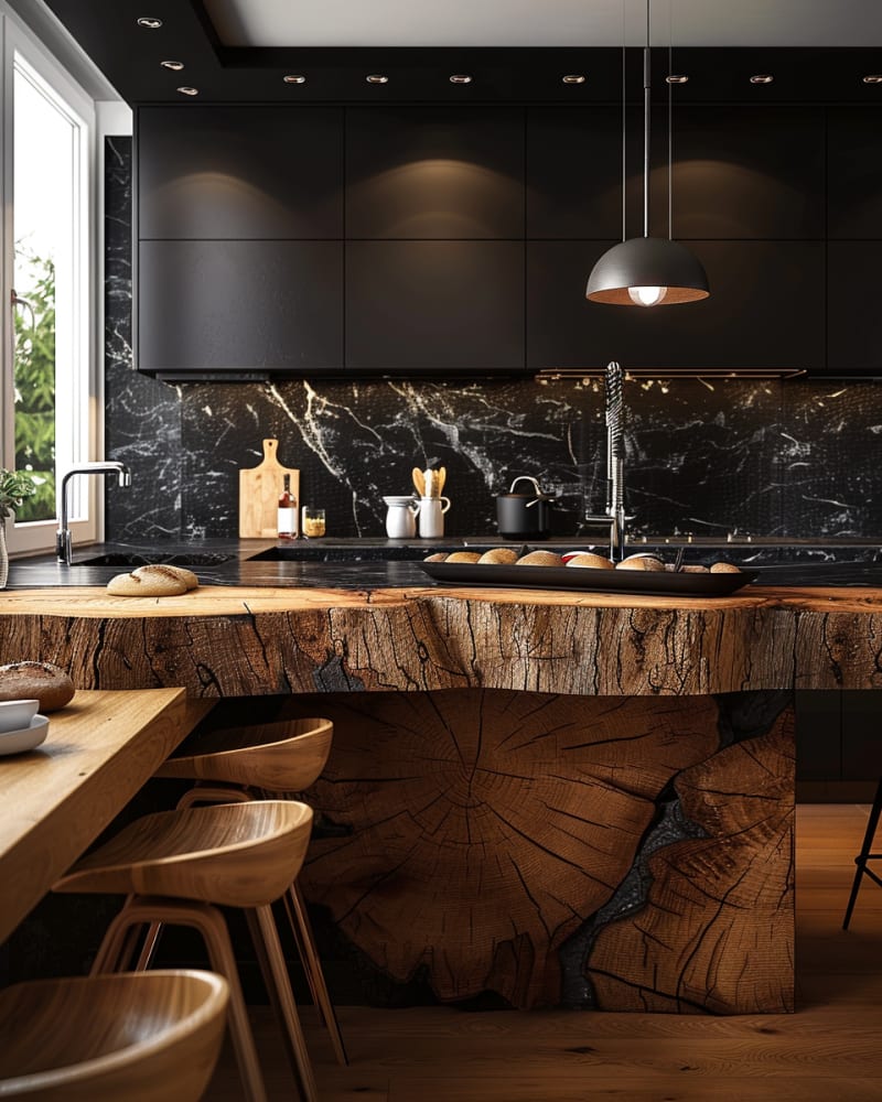 Rustic modern kitchen featuring dramatic live edge wood slab counter black marble backsplash matte black cabinets wooden bar stools industrial pendant light