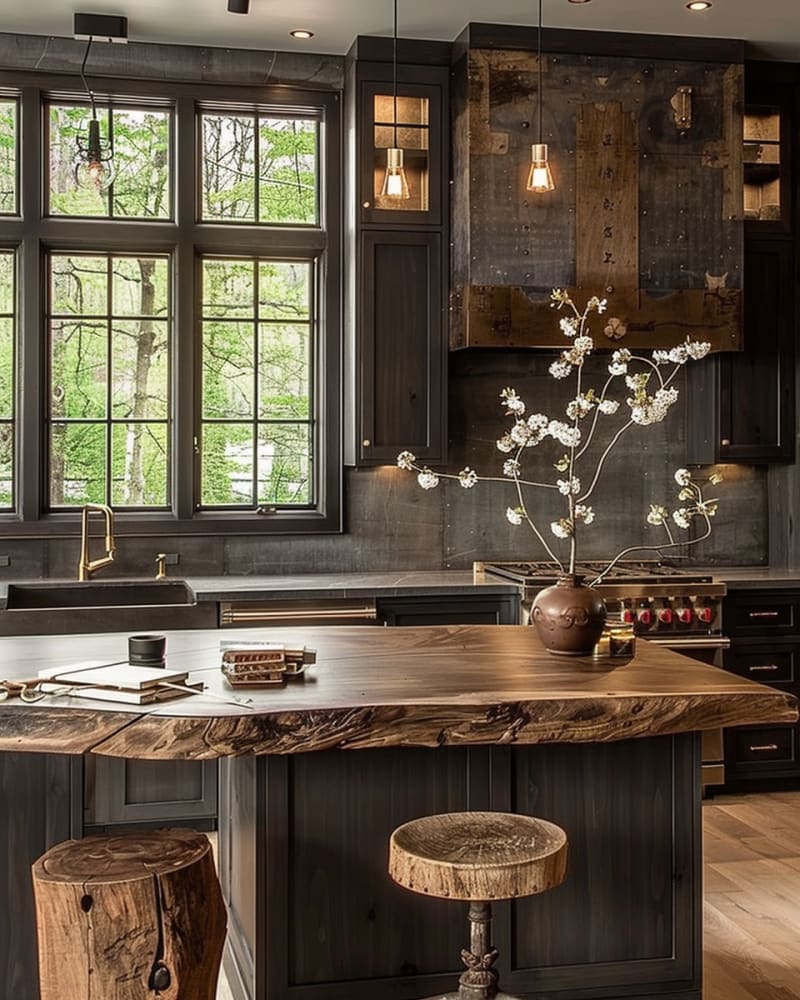 Rustic modern kitchen featuring live edge wood island black cabinetry forest view windows industrial lighting tree stump stools and cherry blossom decor