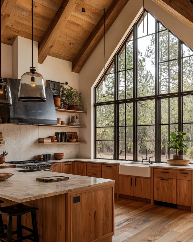 Rustic modern kitchen featuring vaulted wooden ceiling floor to ceiling black framed windows farmhouse sink floating shelves marble countertops and natural wood cabinetry