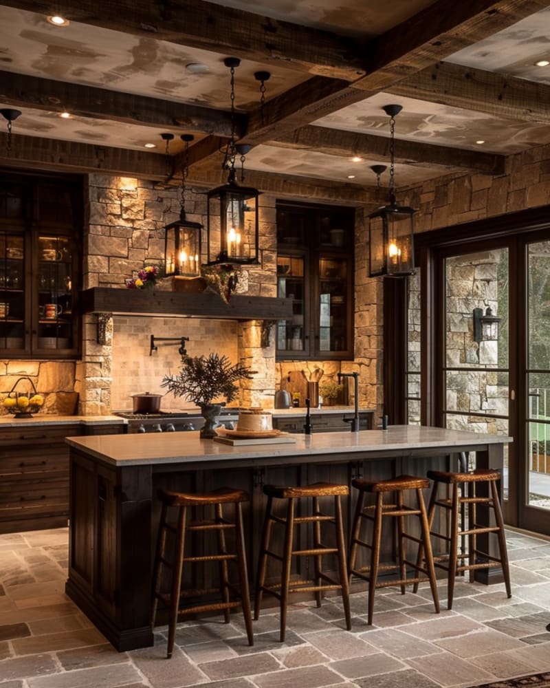 Rustic mountain kitchen featuring stone walls exposed wooden beams black lantern pendants marble island vintage bar stools and warm ambient lighting