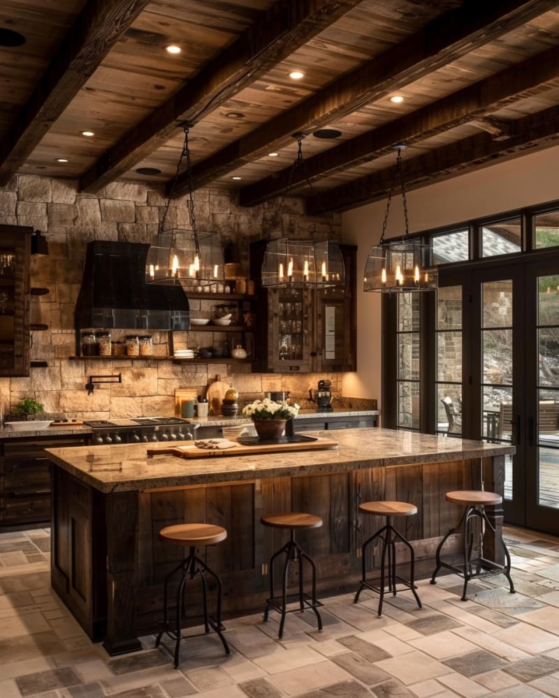 Rustic mountain kitchen featuring stone walls exposed wooden beams industrial pendant lights marble island vintage bar stools and black framed glass doors