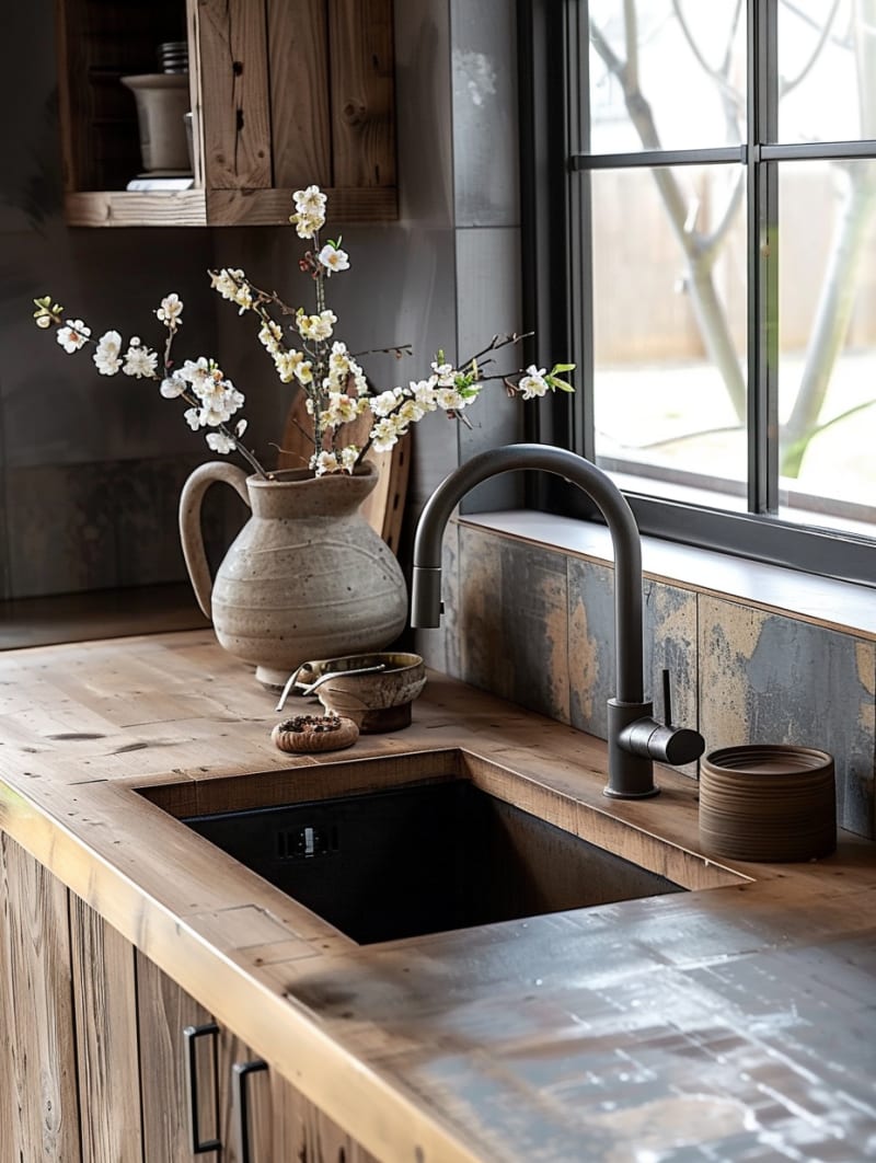 Rustic wabi-sabi kitchen featuring wooden countertop black undermount sink matte faucet vintage ceramic pitcher cherry blossoms and weathered metal backsplash