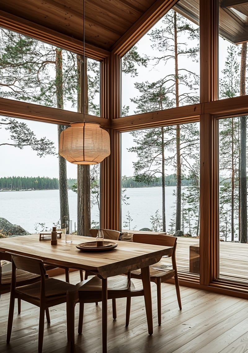 Minimalist wooden dining room with large windows overlooking pine forest and lake, featuring woven pendant light