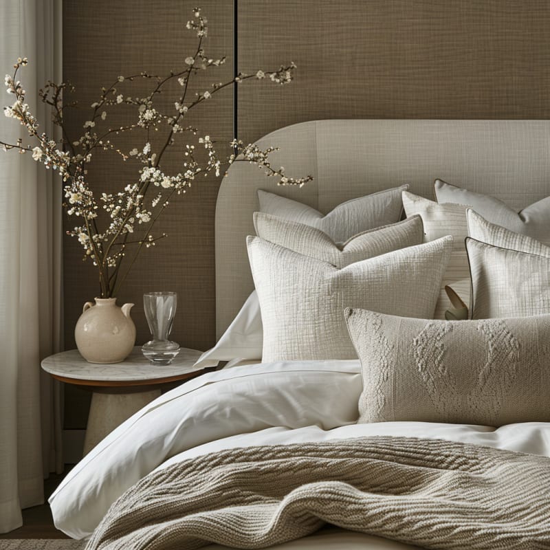 Serene bedroom featuring cherry blossom branches textured neutral bedding knit throw and marble side table