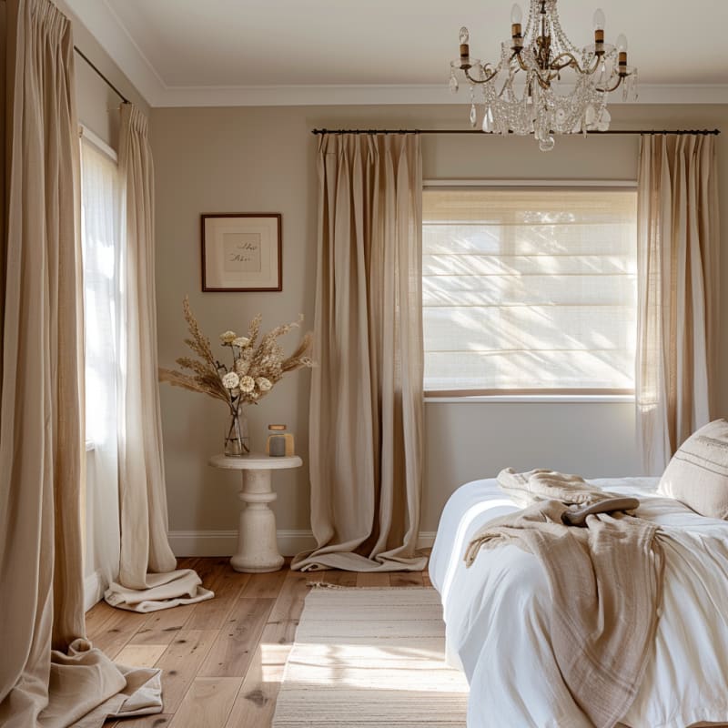 Serene French bedroom featuring crystal chandelier flowing linen curtains natural light dried flowers and soft neutral palette