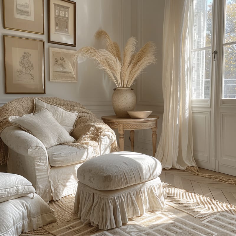 Serene French living room featuring cream linen chair antique side table pampas grass and soft natural light