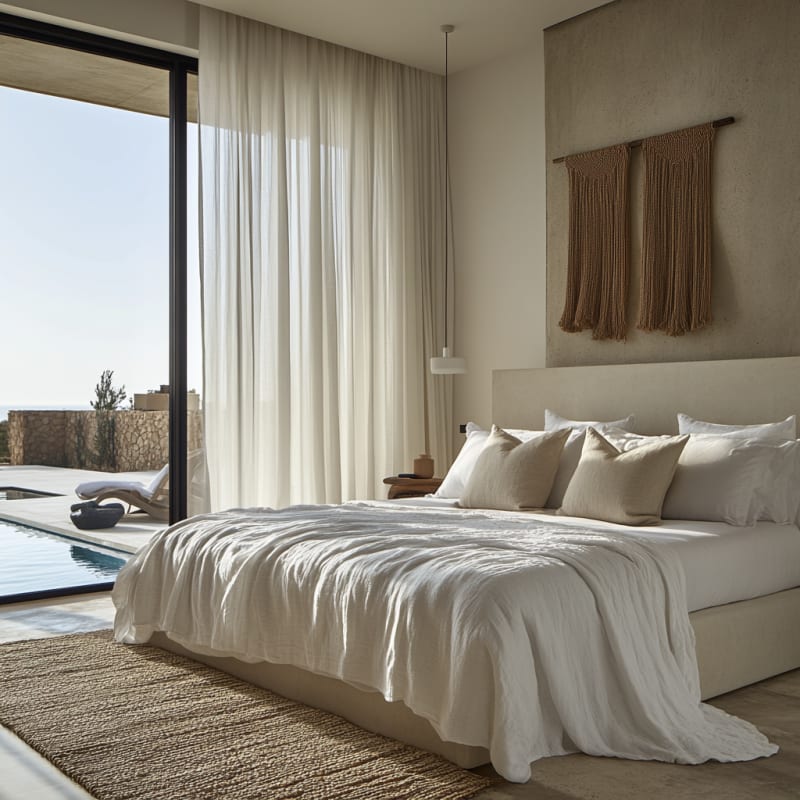 Serene Mediterranean bedroom with poolside access, natural textures, and flowing white linen in minimalist luxury setting
