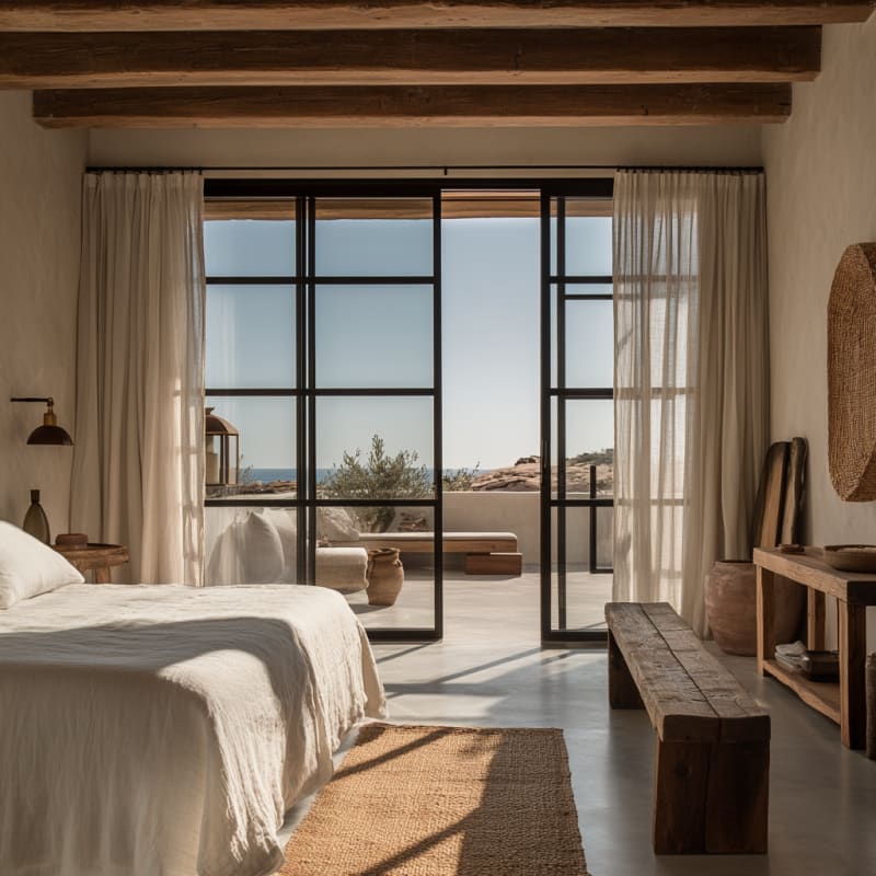 Serene Mediterranean bedroom with steel-frame doors, ocean view, rustic wood beams, and natural textures in neutral palette