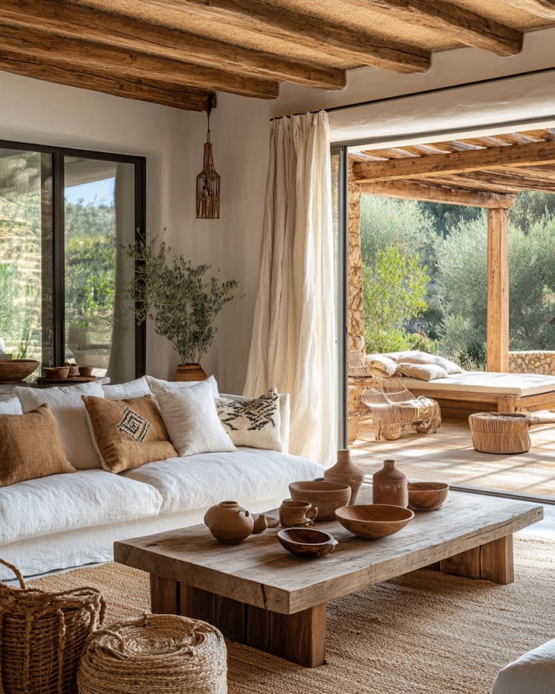Serene Mediterranean living room with wooden beams, natural light, and organic textured furniture overlooking olive grove