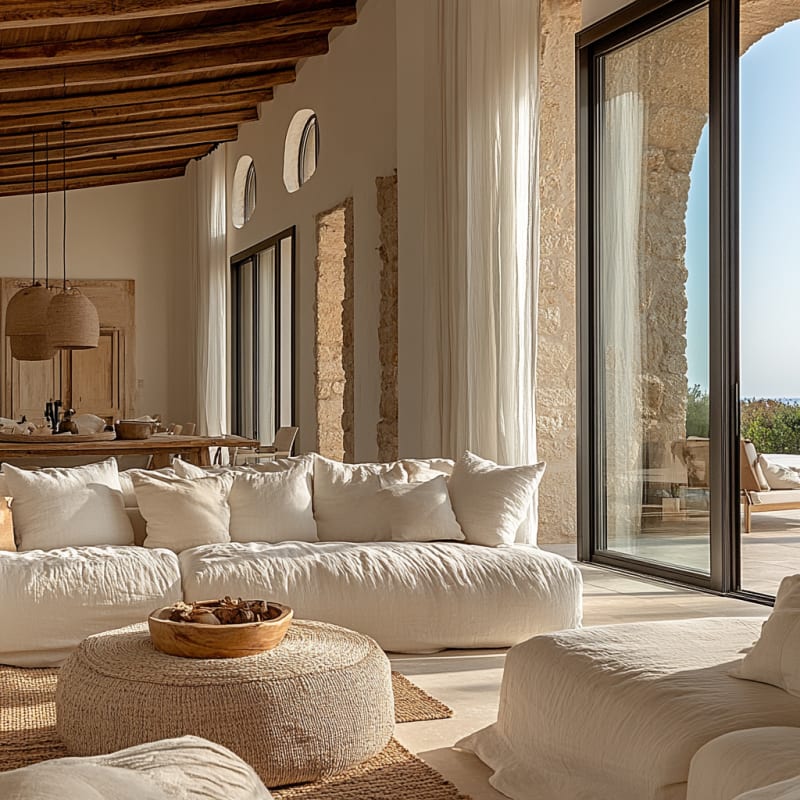 Sun-drenched Mediterranean living room with exposed stone walls, wooden beams, and oversized linen sofa overlooking terrace