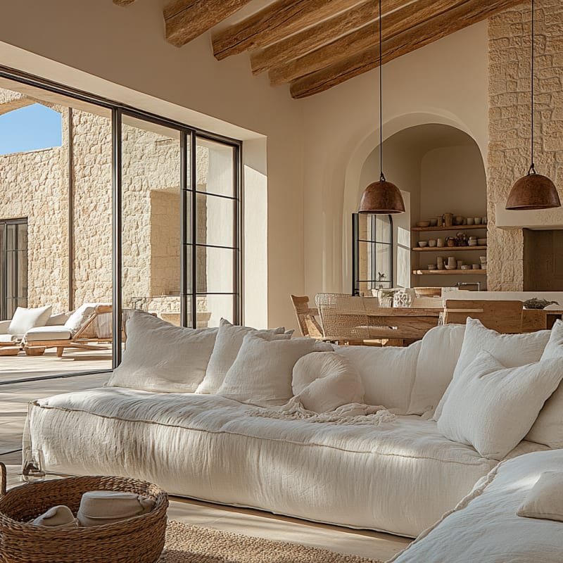 Sun-drenched Mediterranean living room with limestone walls, exposed beams, linen sofa, and steel-frame windows opening to terrace