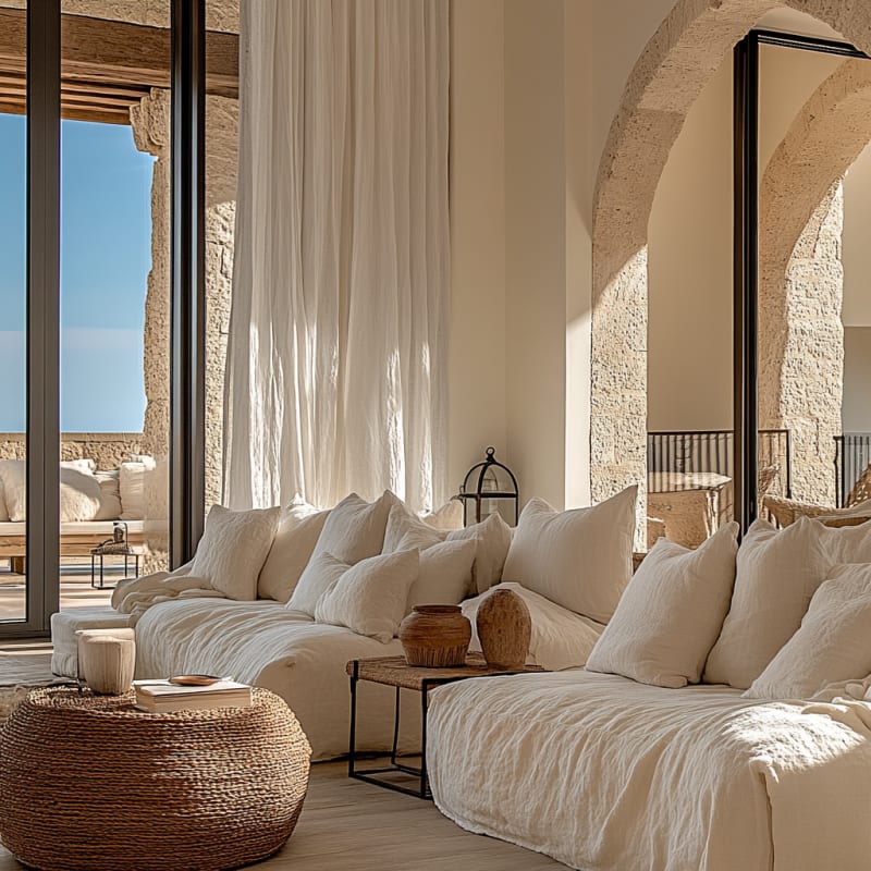 Sun-drenched Mediterranean living room with oversized linen sofa, natural textures, and stone archways overlooking sea