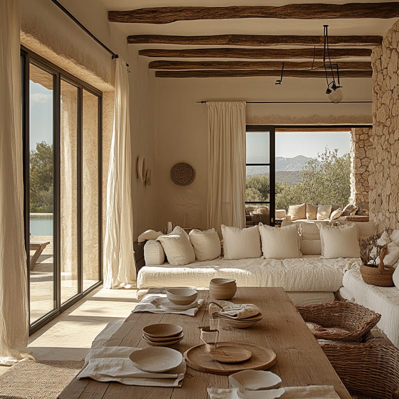 Sun-drenched Mediterranean living room with rustic beams, natural textures, and panoramic mountain views