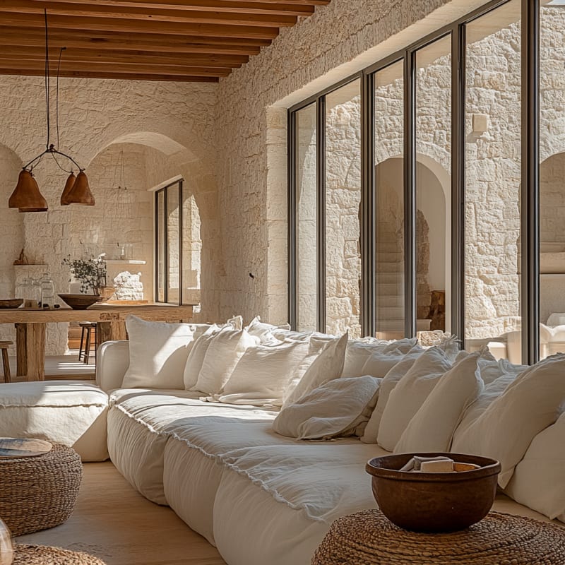 Sun-drenched Mediterranean living room with textured limestone walls, exposed beams, and oversized linen sofa in natural tones