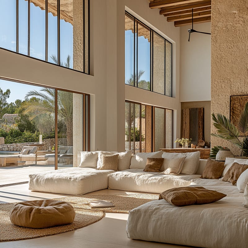 Sun-drenched Mediterranean villa living room with double-height windows, linen sectional, and pool view through floor-to-ceiling glass