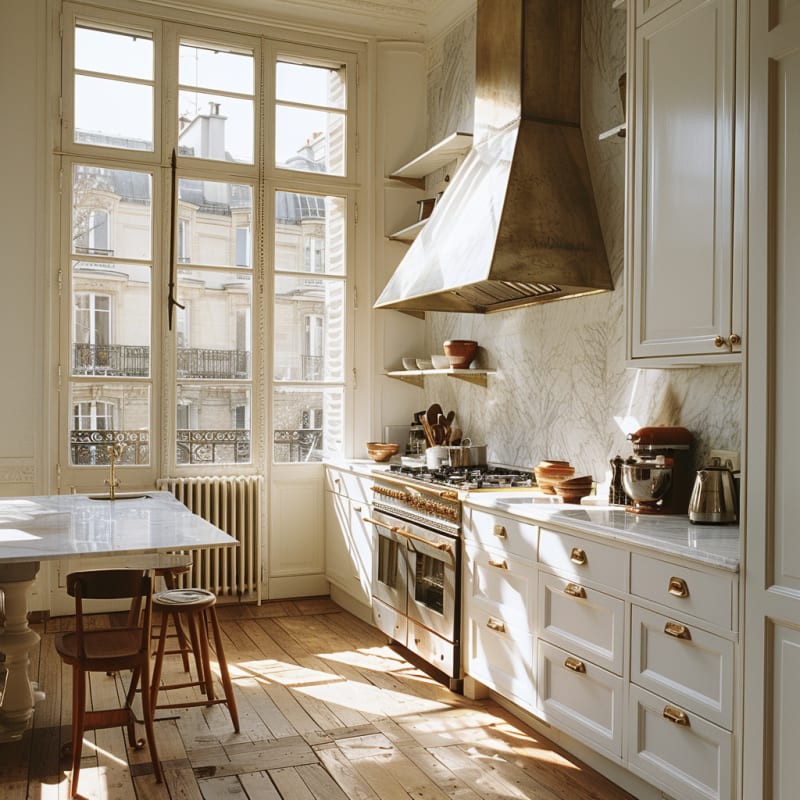 Sun-drenched Parisian kitchen with floor-to-ceiling windows, marble backsplash, brass hardware, and professional range